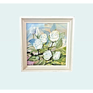 Vintage Framed Oil On Board Still Life Of White Roses Signed 1992